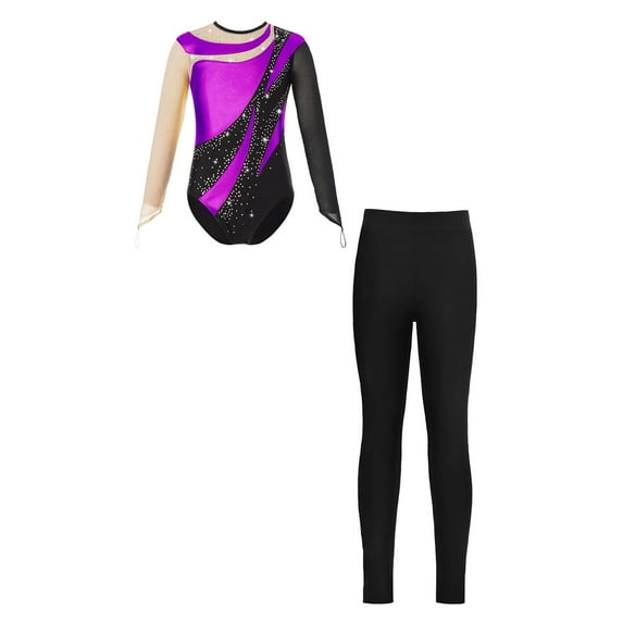 Alvivi Kids Girls Gymnastic Ballet Dance Leotard with Leggings Set Ice Skating Competition Costume Purple 14