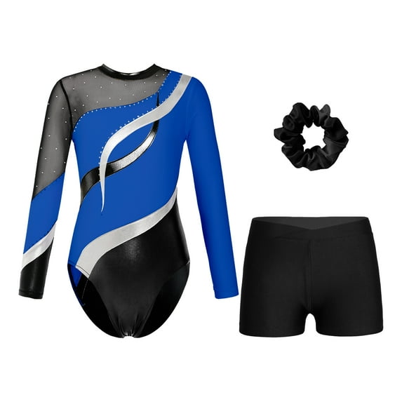 Alvivi Kids Girls Gymnastic Leotard with Athletic Shorts Hair Scrunchie Ballet Dance Outfits Royal Blue&Black 16