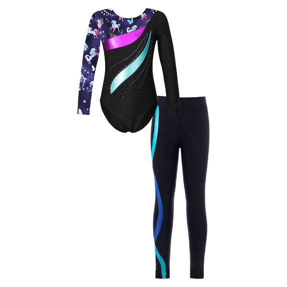 Alvivi Kids Girls Gymnastics Athletic Outfits Ice Skating Ballet Dance Leotard with Leggings Pants Navy Blue 14