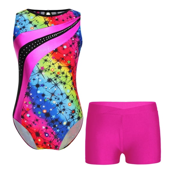 Alvivi Kids Girls Gymnastics Ballet Dance Leotard with Shorts Set 2 Piece Athletic Tracksuit Biketard Rose 4