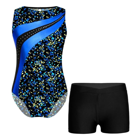 Alvivi Kids Girls Gymnastics Ballet Dance Leotard with Shorts Set 2 Piece Athletic Tracksuit Biketard Royal Blue&Black 4