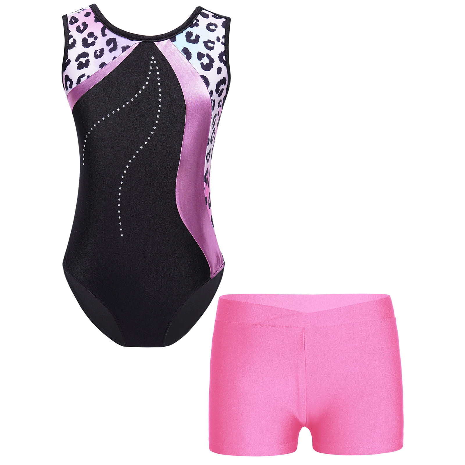 Doomiva Kids Girls Sparkly Gymnastics Leotard Unitard Dance Biketard With Shorts Hair Scrunchies Set Lake Blue 12