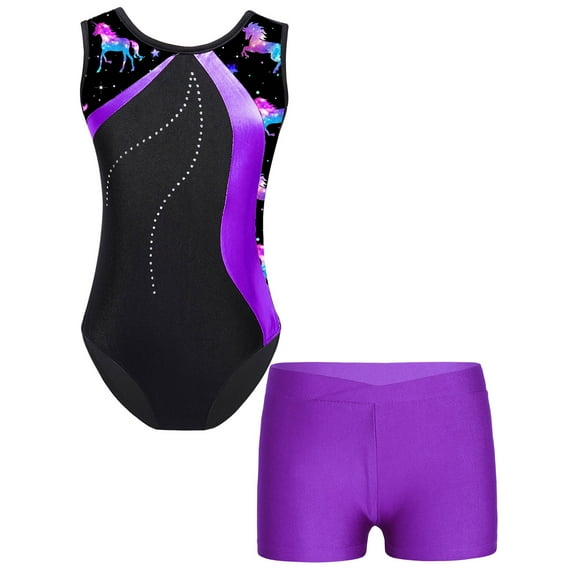 Alvivi Kids Girls Gymnastics Dance Biketard Unitard Sleeveless Tumbling Leotard with Shorts Set Purple 8