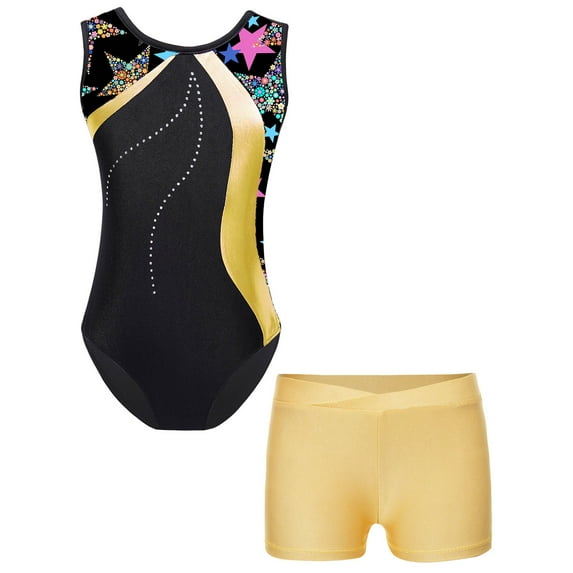 Alvivi Kids Girls Gymnastics Dance Biketard Unitard Sleeveless Tumbling Leotard with Shorts Set Yellow 14