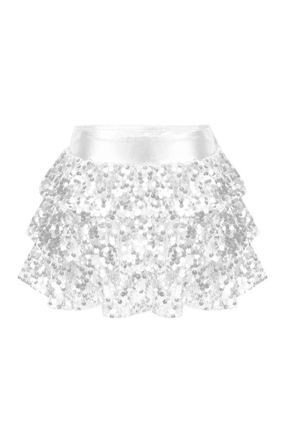 Kids Girls Gymnastics Dance Culottes Latin Jazz Sequins Dancewear A-Line Mini Skirt Silver 6