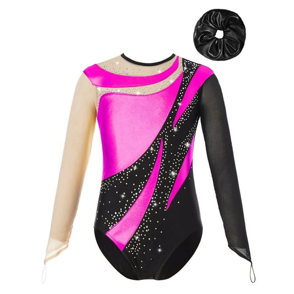 Alvivi Kids Girls Gymnastics Leotard Shiny Rhinestone Long Sleeve Ballet Dance Bodysuit with Hair Band Hot Pink&Black 6