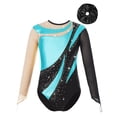 thumbnail image 1 of Alvivi Kids Girls Gymnastics Leotard Shiny Rhinestone Long Sleeve Ballet Dance Bodysuit with Hair Band Turquoise&Black 14, 1 of 5
