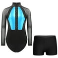 thumbnail image 1 of Alvivi Kids Girls Gymnastics Leotard with Shorts Set Mesh Patchwork Long Sleeve Ballet Dance Wear Sky Blue&Black 14, 1 of 7