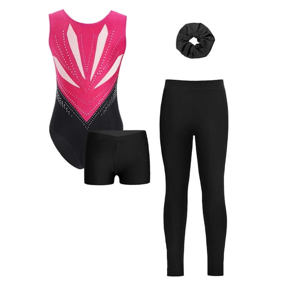 Alvivi Kids Girls Gymnastics Leotards Sleeveless Bodysuit Shorts Hair Tie with Leggings Set Sparkly Unitards 6-16 Years Hot Pink&Black 14