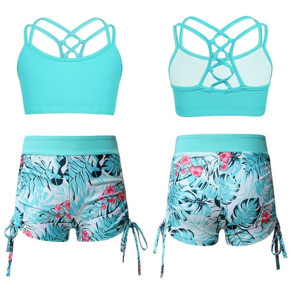 Alvivi Kids Girls Gymnastics Sports Cutout Back Crop Top with Booty Shorts Fitness Ballet Dancewear Floral Lake Green 10