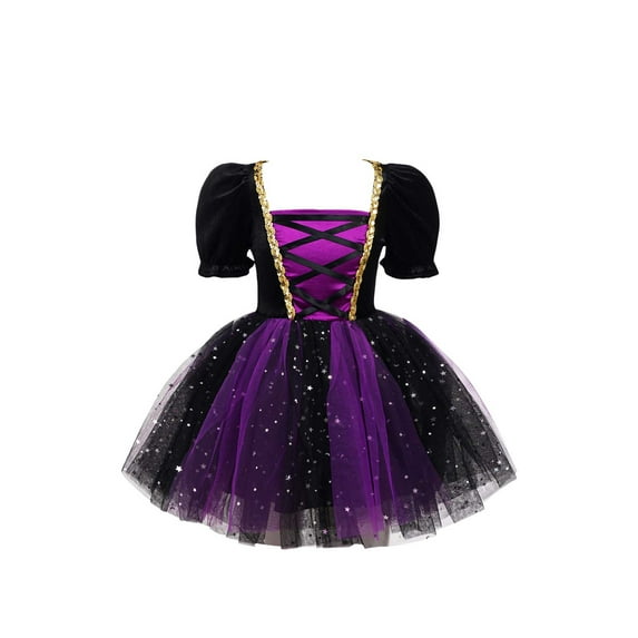 Alvivi Kids Girls Halloween Witch Cosplay Costume Bubble Sleeve Tutu Dress Fancy Dress Up Party Outfit Purple 4