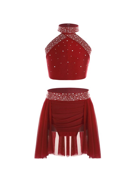 Kids Girls Halter Lyrical Jazz Ballet Dance Crop Top with Skirts Set Competition Dancewear Burgundy 8