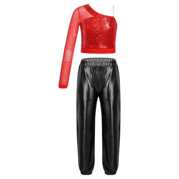 Alvivi Kids Girls Hip Hop Street Dance Costume One Shoulder Sequin Crop Top with Pants Set Red&Black 14