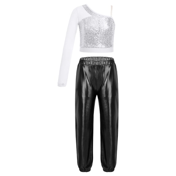Alvivi Kids Girls Hip Hop Street Dance Costume One Shoulder Sequin Crop Top with Pants Set Silver&Black 8