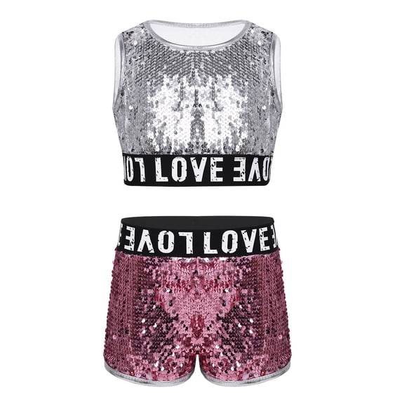 Alvivi Kids Girls Hip-hop Jazz Costume Sequins Sleeveless Crop Top Shorts Set 3-14