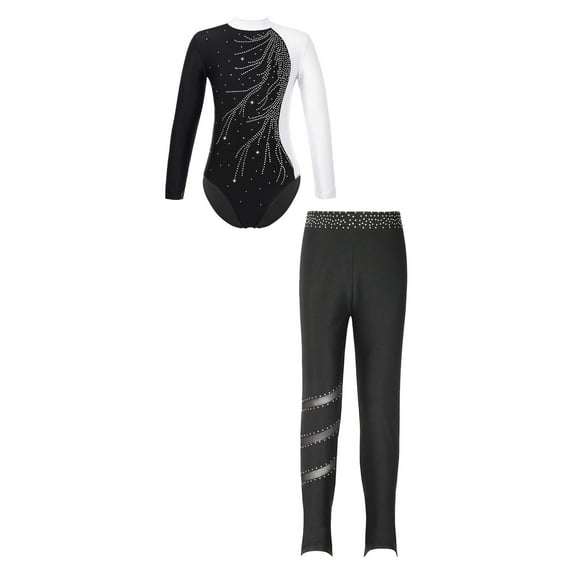 Alvivi Kids Girls Ice Skating Clothes Sets Long Sleeve Gymnastic Leotard with Tights Pants Outfits White&Black 12