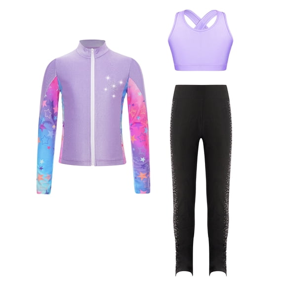 Alvivi Kids Girls Ice Skating Sport Outfit Long Sleeve Jacket +Tank Top + Pants Training Clothes Set Purple 12