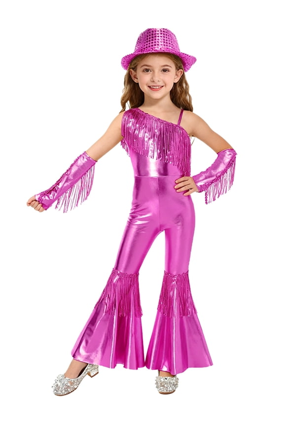 Kids Girls Jazz Disco Performance Dancewear Sleeveless Sequins Flared Jumpsuit with Gloves and Hat Dance Leotard Hot Pink 16