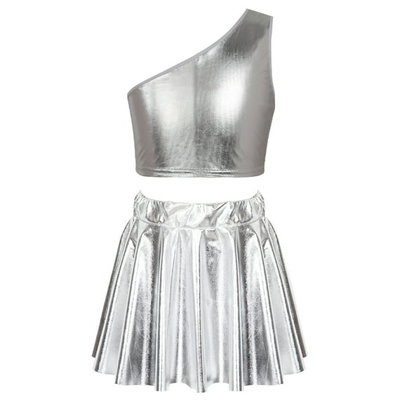 Alvivi Kids Girls Jazz Hip Hop Dance Outfit Shiny Metallic Single Shoulder Crop Top+Pleated Skirt Set