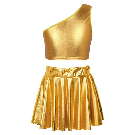 Alvivi Kids Girls Jazz Hip Hop Dance Outfit Shiny Metallic Single Shoulder Crop Top+Pleated Skirt Set