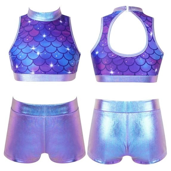 Alvivi Kids Girls Jazz Tap Hip Hop Dance Outfit Sparkly Sequins Crop Top+Shorts Set