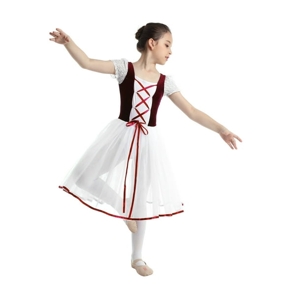 Alvivi Kids Girls Lace-up Lyrical Ballet Leotard Dress Short Bubble Sleeve Dance Performance Costume Burgundy 9-10