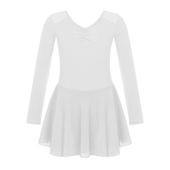 Alvivi Kids Girls Long Sleeve Ballet Dance Tutu Dress Ballroom Leotard Dancewear White 5-6