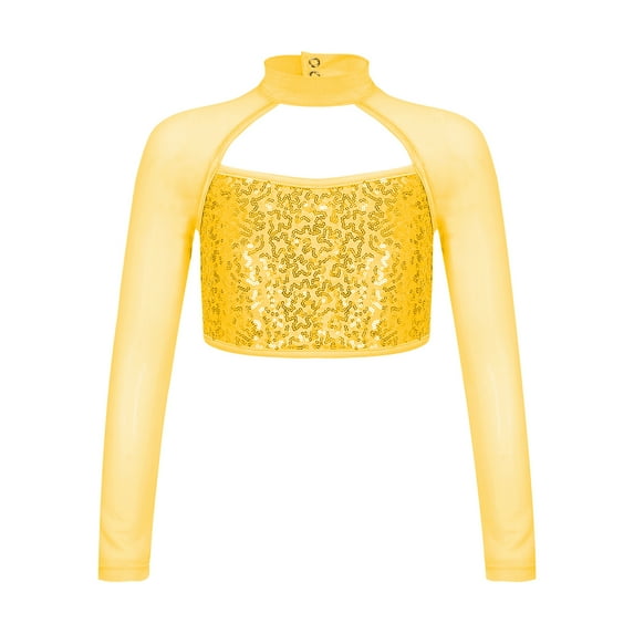 Alvivi Kids Girls Long Sleeve Dance Crop Top Shiny Metallic Athletic Tank T-Shirt