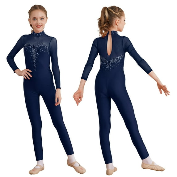 Alvivi Kids Girls Long Sleeve Gymnastic Leotard Dance Figure Ice Skating One Piece Unitard Jumpsuit Navy Blue 14