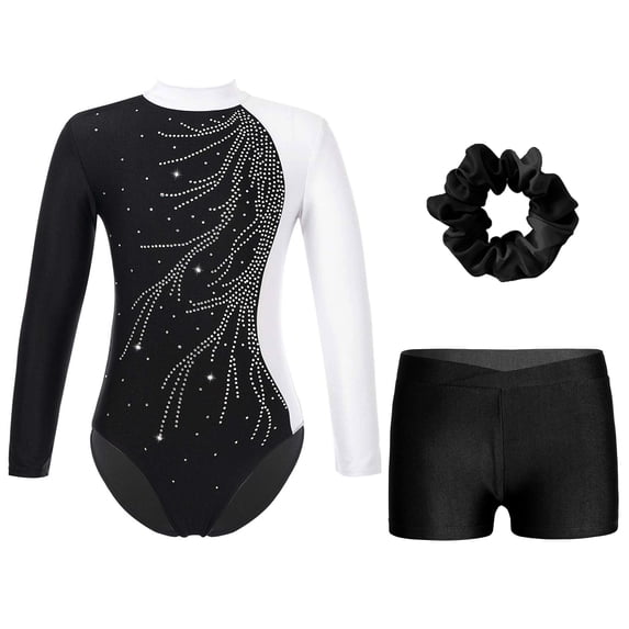Alvivi Kids Girls Long Sleeve Gymnastic Leotard with Shorts Hair Sets Ballet Dance Outfits Dancewear White&Black 10
