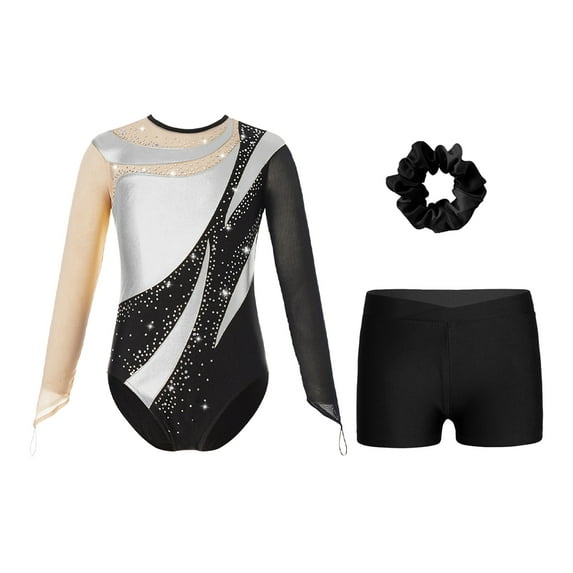 Alvivi Kids Girls Long Sleeve Gymnastics Leotard with Shorts Hair Scrunchie Dance Unitard Biketards Silver 14