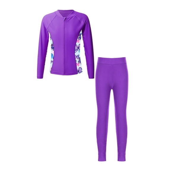 Alvivi Kids Girls Long Sleeve Rashguard Swimsuit 2Pcs Rash Shirts Tops with Swim Pants Legging Set Purple 8