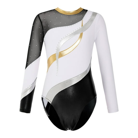 Alvivi Kids Girls Long Sleeve Sparkle Diamond Gymnastics Leotard Athletic Dance Bodysuit Tops White 8