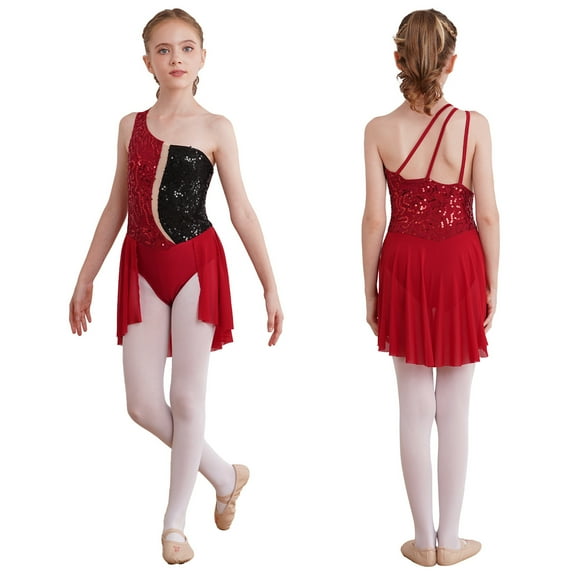 Alvivi Kids Girls Lyrical Ballet Dance Dress Modern Contemporary Costume One Shoulder Sequins Leotard Burgundy 6