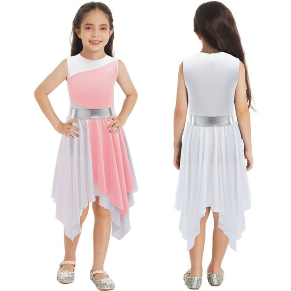 Alvivi Kids Girls Lyrical Modern Dance Dress Sleeveless Colorblock Dancewear Performance Costume Light Pink 16