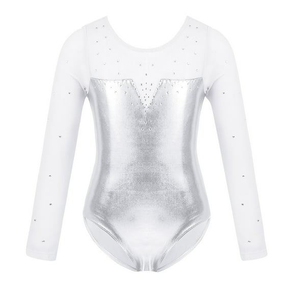 Alvivi Kids Girls' Mesh Long Sleeve Sparkly Gymnastic Leotard Top Shirt Dancewear Costumes Silver 12