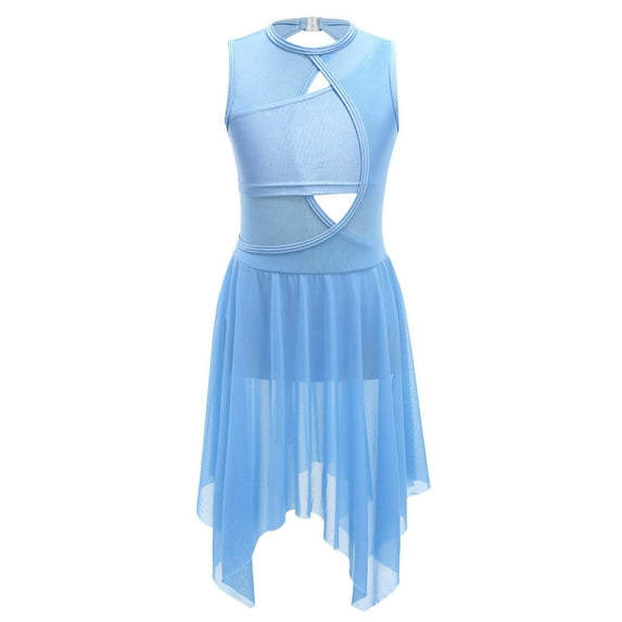 Alvivi Kids Girls Mesh Splice Open Back Lyrical Ballet Dance Dress Ballroom Leotard Chiffon Skirt Light Blue 10