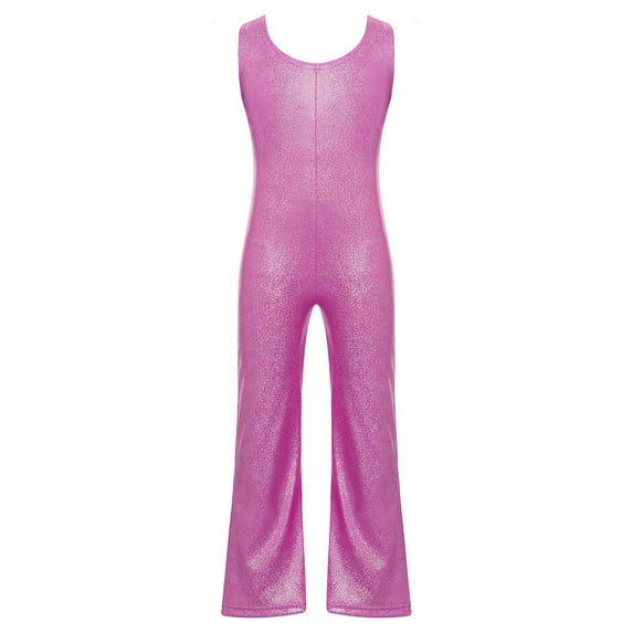 Alvivi Kids Girls Metallic Gymnastics Leotards Sleeveless Stage Performance Bell-Bottomed Bodysuit Hot Pink 5-6