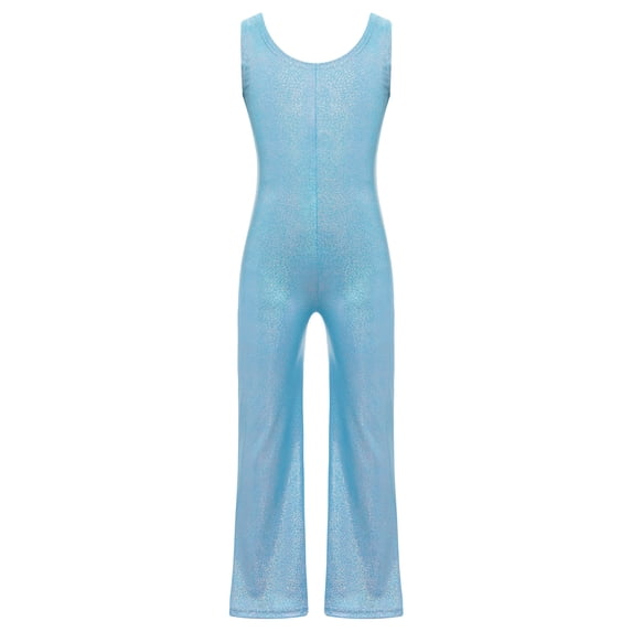 Alvivi Kids Girls Metallic Gymnastics Leotards Sleeveless Stage Performance Bell-Bottomed Bodysuit Sky Blue 15-16