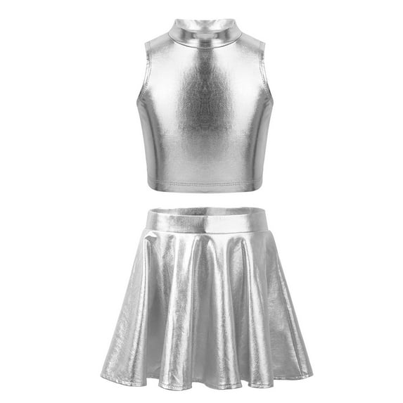 Alvivi Kids Girls Metallic Jazz Hip Hop Outfits Shiny Crop Tank Top Pleated Skirt Set