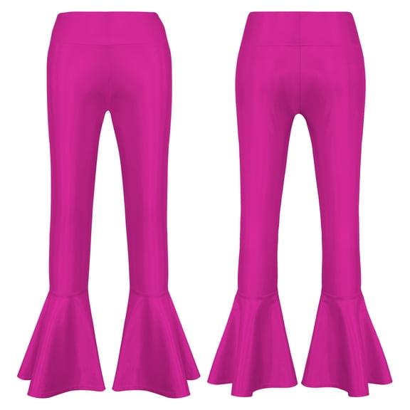 Alvivi Kids Girls Metallic Jazz Latin Dance Flare Pants Ruffle Stretchy Bell Bottom 6-14 Hot Pink 10