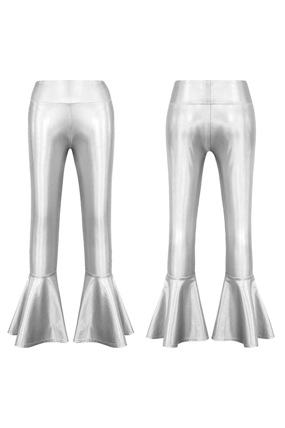 Kids Girls Metallic Jazz Latin Dance Flare Pants Ruffle Stretchy Bell Bottom 6-14 Silver 8