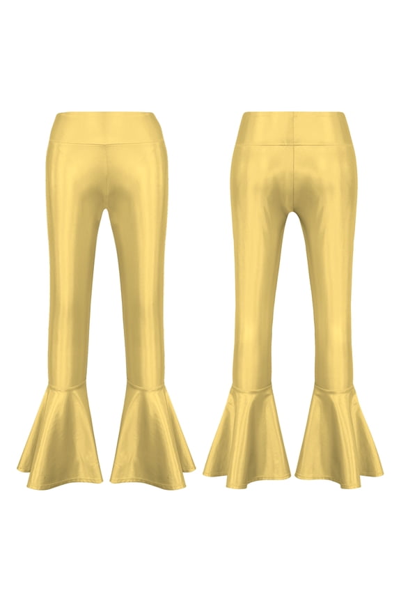 Kids Girls Metallic Jazz Latin Dance Flare Pants Ruffle Stretchy Bell Bottom 6-14
