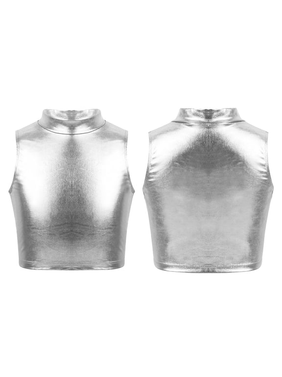 Kids Girls Metallic Sleeveless Turtleneck Tops Gymnastics Workout Tank Vest 8-16 Silver 14