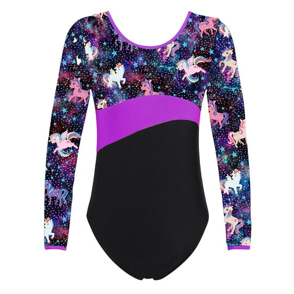Alvivi Kids Girls One Piece Long Sleeves Printed Gymnastics Leotard Ballet Dancewear Training Uniform Pegasus Star 10