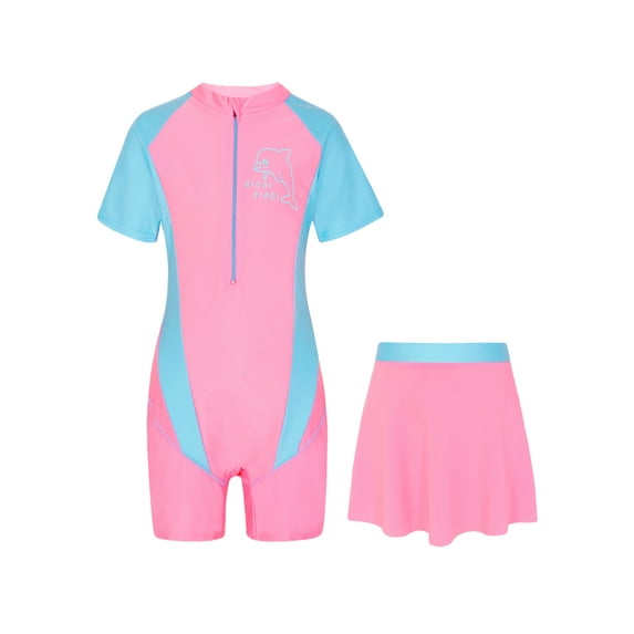 Alvivi Kids Girls One Piece Short Sleeve Rash Guard Swimsuit Surfing Swimwear Bathing Suit with Skirts Pink 7-9
