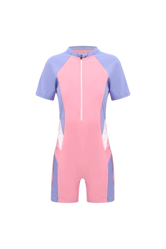 Kids Girls Rash Guard One-piece Swimsuit Swim Boyshorts Bodysuit UPF 50+ Bathing Suit Sunsuit Pink 12