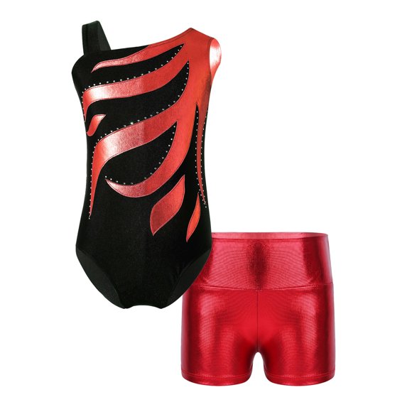 Alvivi Kids Girls Rhinestone Athletic Ballet Dance Outfits Sleeveless Leotards with Booty Shorts Set Red 4