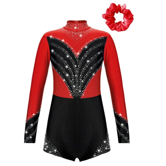 Alvivi Kids Girls Rhinestone Leotard Biketard Gymnastic Figure Skating Unitard with Hair Scrunchie Red 14