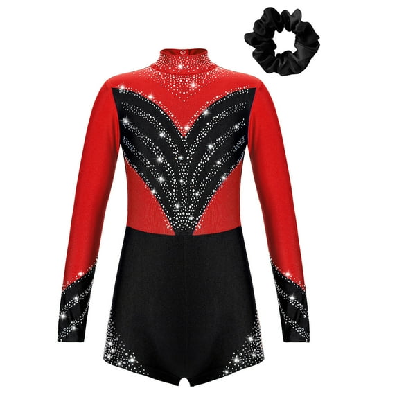 Alvivi Kids Girls Rhinestone Leotard Biketard Gymnastic Figure Skating Unitard with Hair Scrunchie Red&Black 10